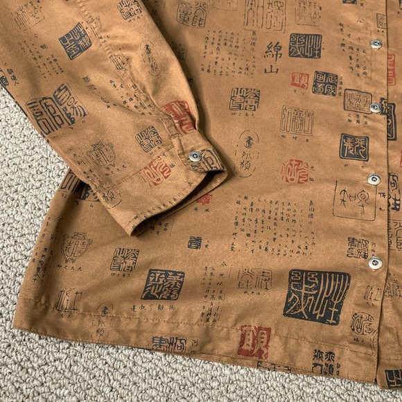 Chico's Womens Blouse Shirt Size 3‎ Brown Japanese Character Print Button Up - Picture 3 of 10